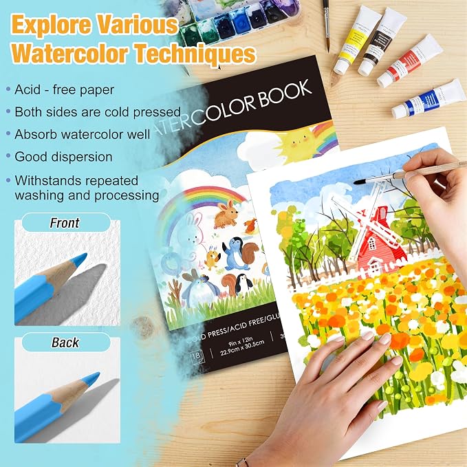 Creazic Watercolor Paper Pad 9"x12", 140lb/300gsm Cold Press Sketchbook (18 Sheets) - Glue Bound Acid-Free Heavyweight No Bleed Drawing Pad for Watercolor, Gouache, Ink & Mixed Media for Beginners