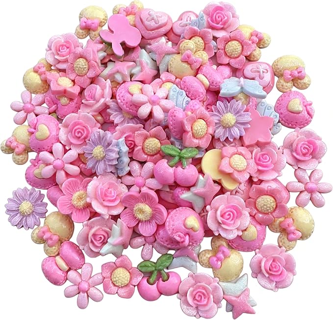 100Pcs Shimmery Pink Solid Resin Charms for Slime - Flatback DIY Cream Glue Accessories, Kawaii Embellishments for Phone Case Decor, Scrapbooking, Jewelry Making, Hair Clips - Random Mixed Styles