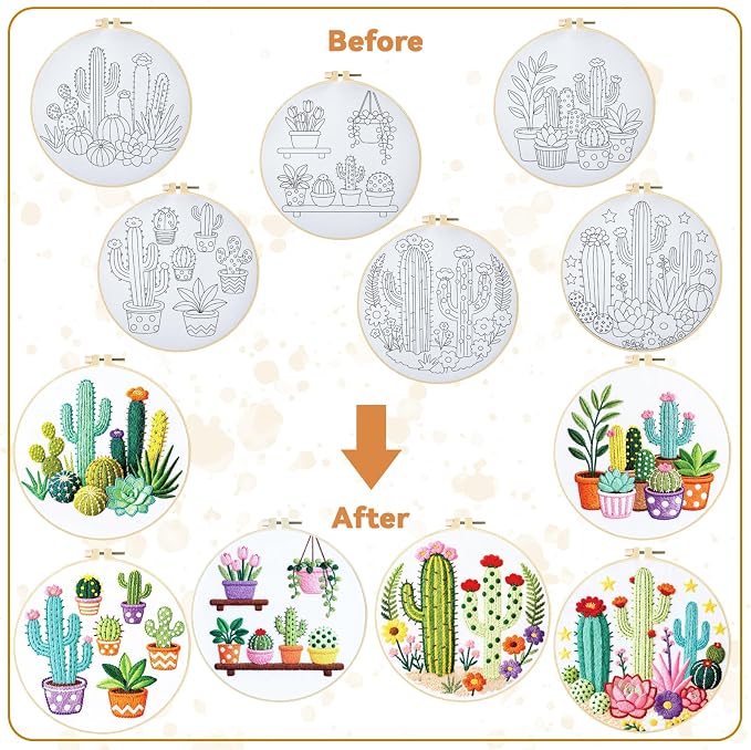 BEUNITONE Cactus Embroidery Kit for Beginners, 6PC Succulent Plant Themed Needlepoint Kits for Adults with Hoops, Threads, Needles, Instructions and Full Kits, DIY Home Decor Craft Gift for Adults