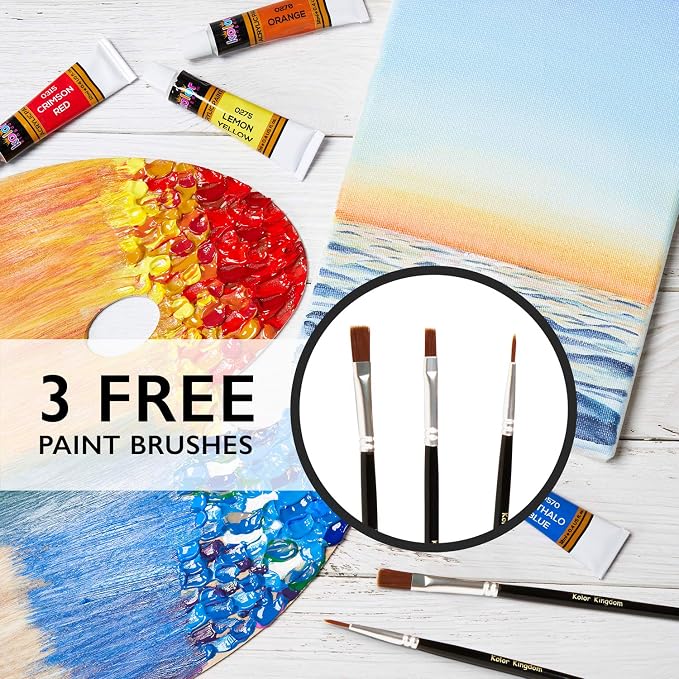 Acrylic Paint Set Canvas Art Paints 24 Colors Perfect Paint Finish (0.41oz,12 ml) With 3 Brushes - Painting Canvas, Paper, Wood, Rock, MDF, Ceramic & Fabric