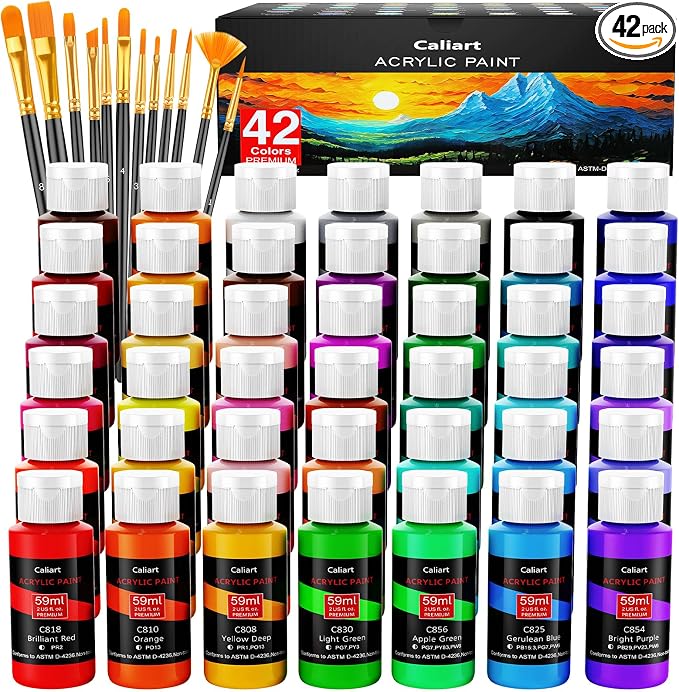 Caliart 42 Colors Acrylic Paint Set with 12 Brushes | Craft Painting kit for Adults Artists Beginners, Rich Pigment Non-toxic, Canvas Wood Rock Pumpkin Ceramic Art Supplies Paint