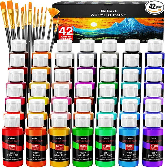 Caliart 42 Colors Acrylic Paint Set with 12 Brushes | Craft Painting kit for Adults Artists Beginners, Rich Pigment Non-toxic, Canvas Wood Rock Pumpkin Ceramic Art Supplies Paint