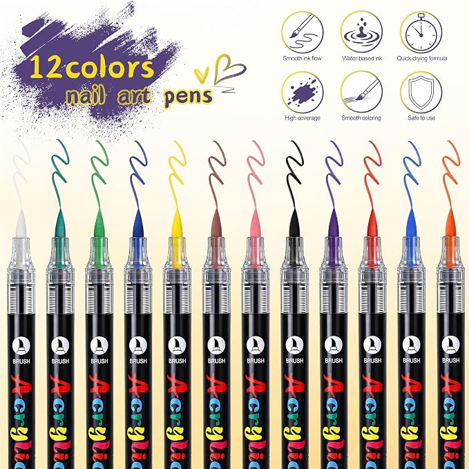 Artdone 12 Colors Nail Art Pens Set, 3D Quick-Drying Acrylic Paint Markers Nail Point Graffiti Dotting Drawing Liner Brush for DIY Gel Nail Polish Design Manicure Tools