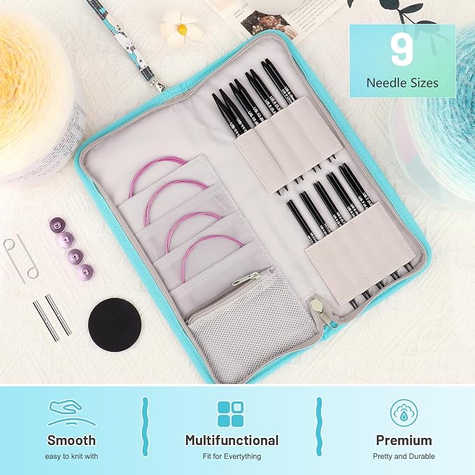 Aeelike 9 Pair Interchangeable Knitting Circular Needles Set 3-8.0mm, Black | Aluminum Interchangeable Knitting Needles with 4 Cables, Smooth Complete Needles Set for Socks Blankets Sweaters, Ideal Gift