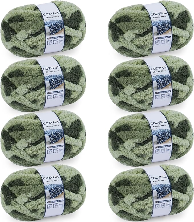 Cozyful Chunky Yarn for Hand Knitting - #10 Chunky Chenille Blanket Yarn, Jumbo Big Thick Chunky Yarns for Crocheting, Tie Dye Bulky Knit Yarns, 8 Skein (20 yds 8 oz Each Skein), Multi Green
