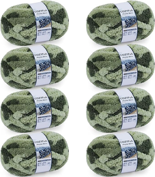 Cozyful Chunky Yarn for Hand Knitting - #10 Chunky Chenille Blanket Yarn, Jumbo Big Thick Chunky Yarns for Crocheting, Tie Dye Bulky Knit Yarns, 8 Skein (20 yds 8 oz Each Skein), Multi Green