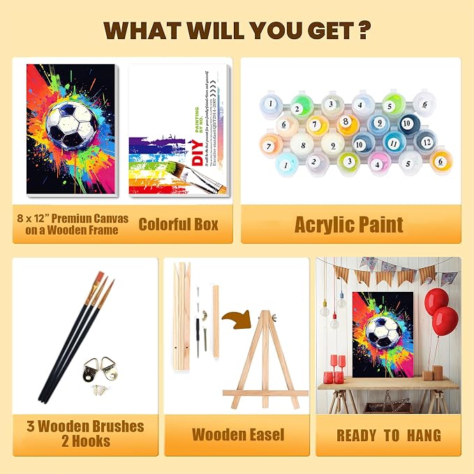 Soccer Paint by Numbers Kit for Kids with Framed Canvas - with Wooden Easel | Ball Sports Paint by Numbers for Kids Ages 8-12, Easy Acrylic Oil Painting Kits with Nice Gift Box for Wall Decor (12x8 inch)