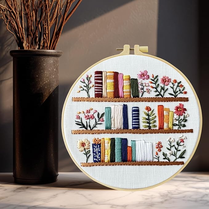 JOZYSH 8'' Flowers Embroidery Kit for Beginners Stamped Books and Flowers Pattern Embroidery Kit Cross Stitch Kit Embroidery Starter Kit with Instructions, Embroidery Hoops for Home Ofiice Decor