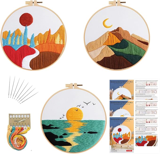 GLTAYLMY Embroidery Kits for Beginners Adults, Stamped Cross Stitch Kits for Adult Beginners Embroidery Starter Kit with Pattern, 3 Embroidery Hoop and Fabric, Needles Threads