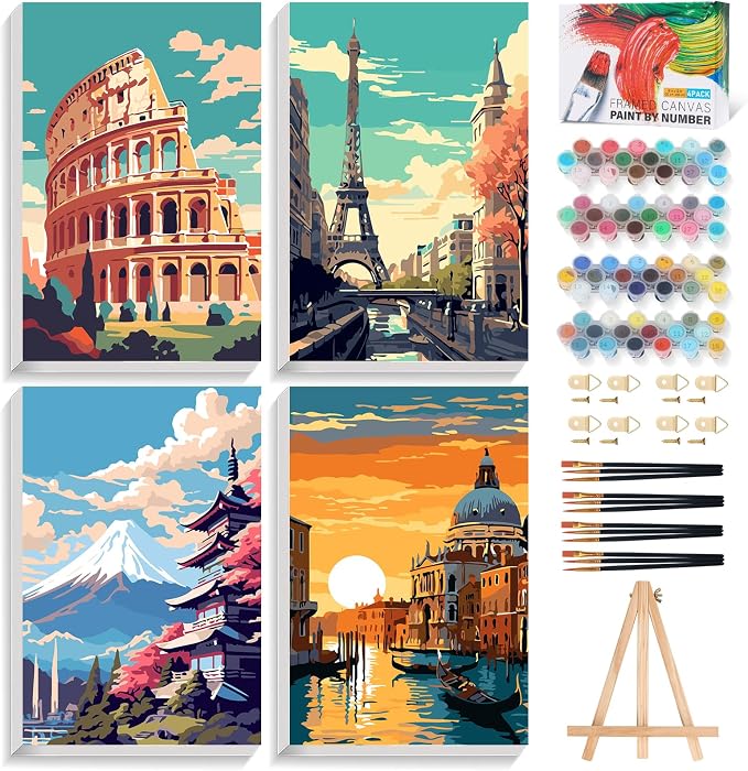 4 Pack Framed Paint by Numbers Kit for Adults with Wooden Easel, 8x12 Inch | Travel Cityscape, Easy DIY Acrylic Canvas Craft Kit with Frame for Beginners, Home Decor, Stress Relief Relaxing Hobby Gift