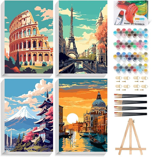 4 Pack Framed Paint by Numbers Kit for Adults with Wooden Easel, 8x12 Inch | Travel Cityscape, Easy DIY Acrylic Canvas Craft Kit with Frame for Beginners, Home Decor, Stress Relief Relaxing Hobby Gift
