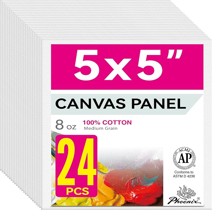 PHOENIX Small Painting Canvas Panels 5x5 Inch, 24 Bulk Pack - 8 Oz Triple Primed 100% Cotton Acid Free Square Canvas Boards for Painting, White Blank Flat Canvas Boards for Acrylic, Oil Paints