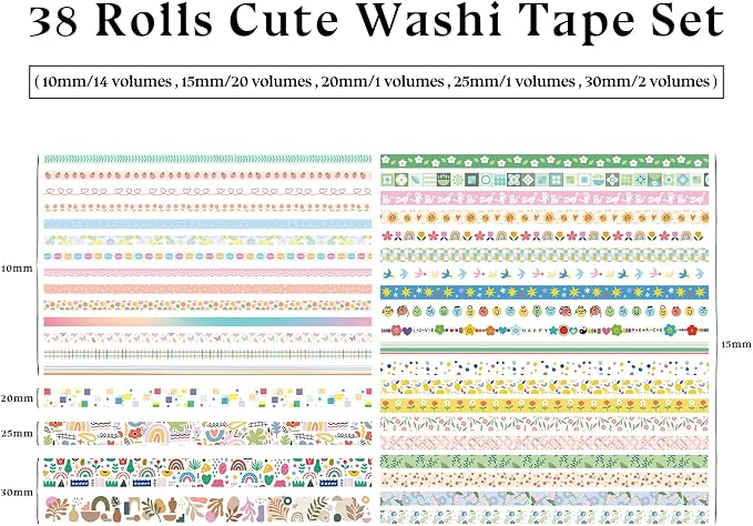 Bomichi 38 Rolls Washi Tape Aesthetic Colored Decorative