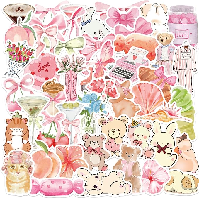 50pcs Coquette Pink Bows Stickers Vintage Aesthetic Stickers Pink Bear Living Graffiti Water Bottles Laptop Computer Phone Guitar