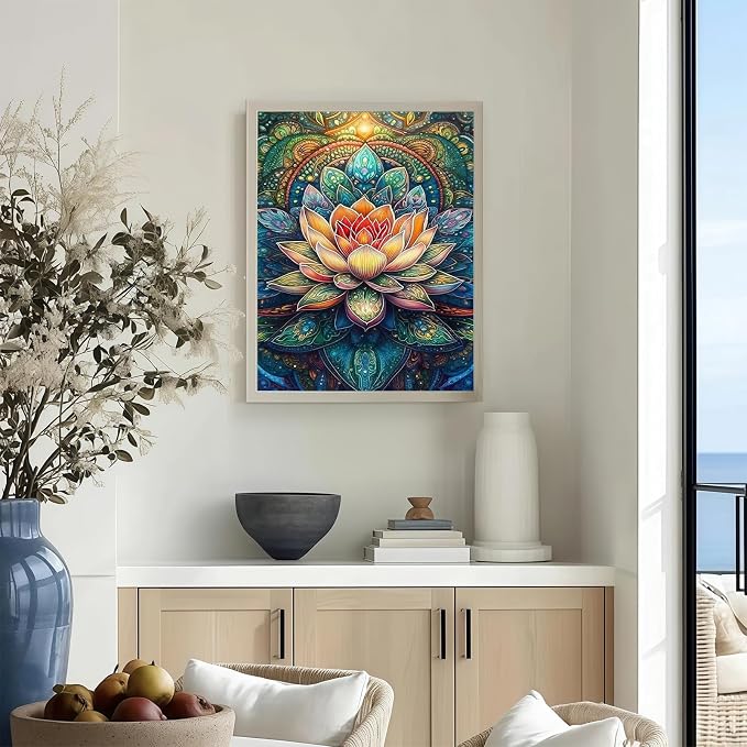 CHWGLFGG 5D Mandala Lotus Diamond Art Kits for Adults Beginners 12x16inch | Floral Diamond Painting Kit, DIY Full Round Drill Paint by Diamonds Dot Gem Art for Adult, Home Wall Decor