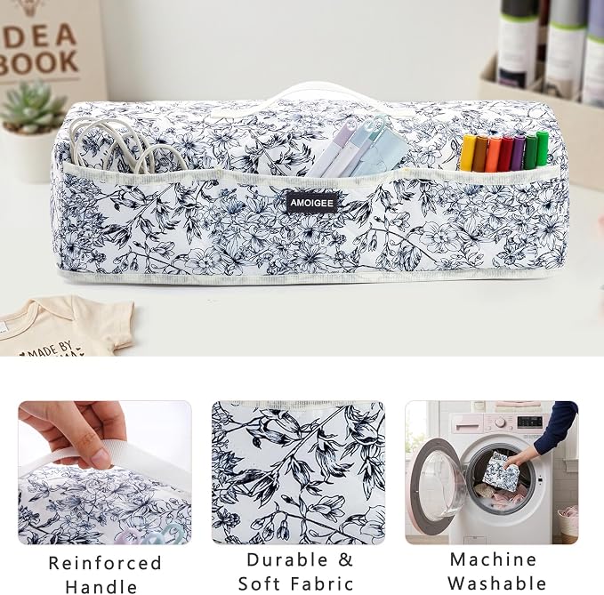 AMOIGEE Dust Cover for Latest Cutting Machine Cricuttt Explore 5, Quilted Protective Cover with Storage Pockets for Cutting Machine, Floral Fabric Anti-Dust Cover for Craft Machine Organizer