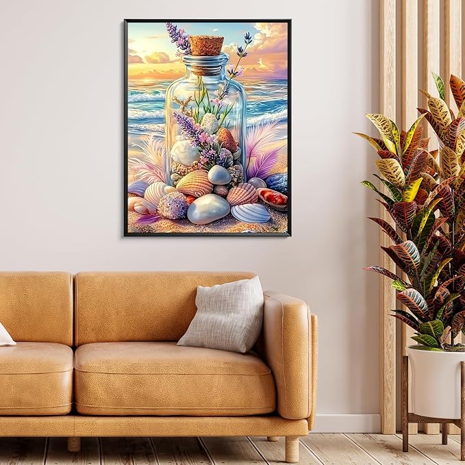 5D Beach Seashell Bottle Diamond Art kits for Adults Beginners 12x16 Inch | Diamond Painting Kit DIY Full Round Drill Paint by Diamonds Dot Gem Art for Adult, Home Wall Decor