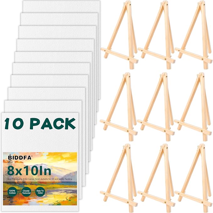 Canvas Boards with Easel for Painting 10 Pack 8 x 10 Inch Small Canvases Panels with Pine Wood Display Easels, Acrylic Oil Watercolor Painting Kit for Adults, Sip and Paint Art Party Supplies