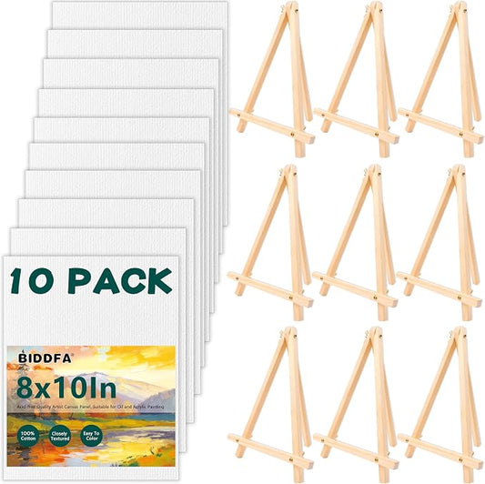 Canvas Boards with Easel for Painting 10 Pack 8 x 10 Inch Small Canvases Panels with Pine Wood Display Easels, Acrylic Oil Watercolor Painting Kit for Adults, Sip and Paint Art Party Supplies