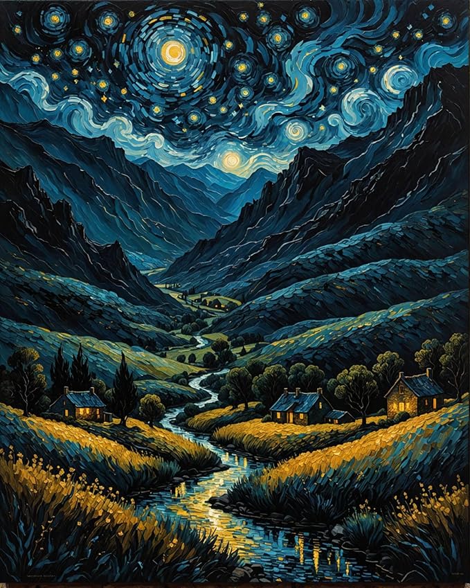 ldazao Paint By Numbers Kit for Adults Beginner, Starry Country Night Adult Paint By Number Kits On Canvas Adults' Paint-By-Number Kits DIY Oil Painting Kits for Gift Home Wall Art Decor 16x20 Inch