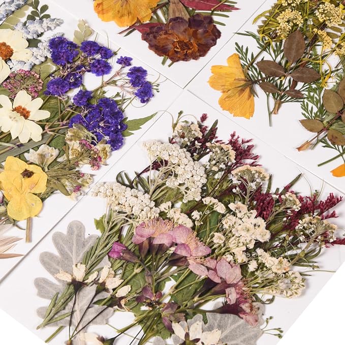 110 PCS Dried Pressed Flowers, Colorful-F | With Twigs for Resin Molds, Real Dry Flower Leaves For Jewelry Making Scrapbooking Crafts DIY Soap Candles Making Nails Décor