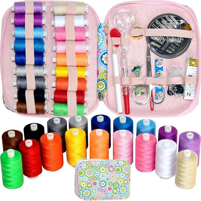 Sewing Kit with Case Portable Sewing Supplies for Home Traveler, Adults, Beginner, Emergency, Contains 18 Sewing Thread, Scissors, Needles, Measure etc,Black (Blue Flowers）