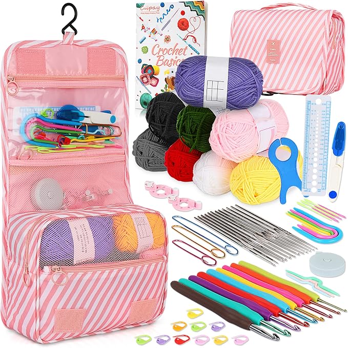 Coopay 63 Pcs Crochet Kit for Beginners, All-in-One Crochet Starter Kits | Complete Crocheting Set with Yarn, Ergonomic Crochet Hooks, Easy-to-Follow Tutorial,Storage Case-Idea Starter Kits Gift（Pink）