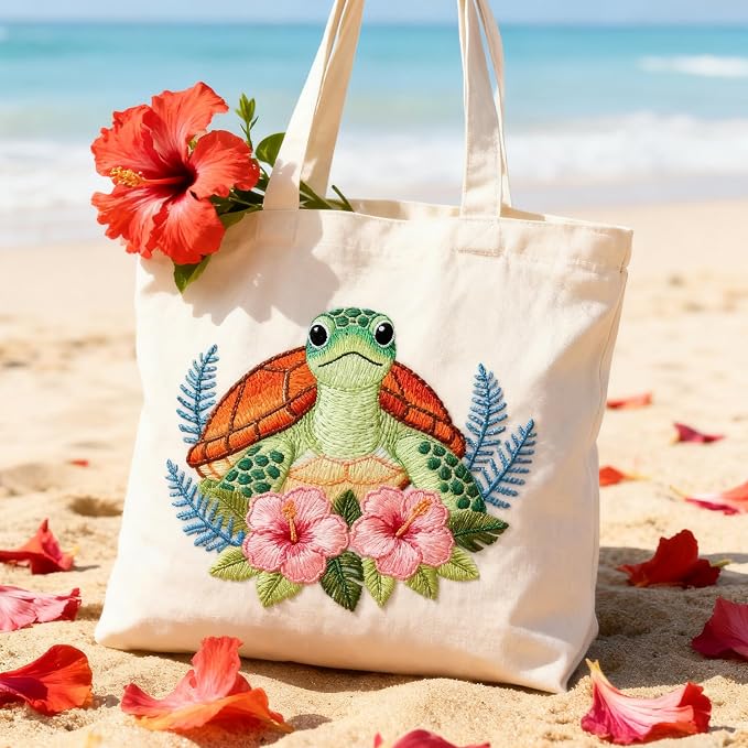 BEUNITONE 4 Sets Sea Turtle Embroidery Kits for Beginners DIY Craft Kits for Adults with Printed Patterns, Hoops and Instructions, Hibiscus Flower Needlepoint Kits for Clothing and Home Decor