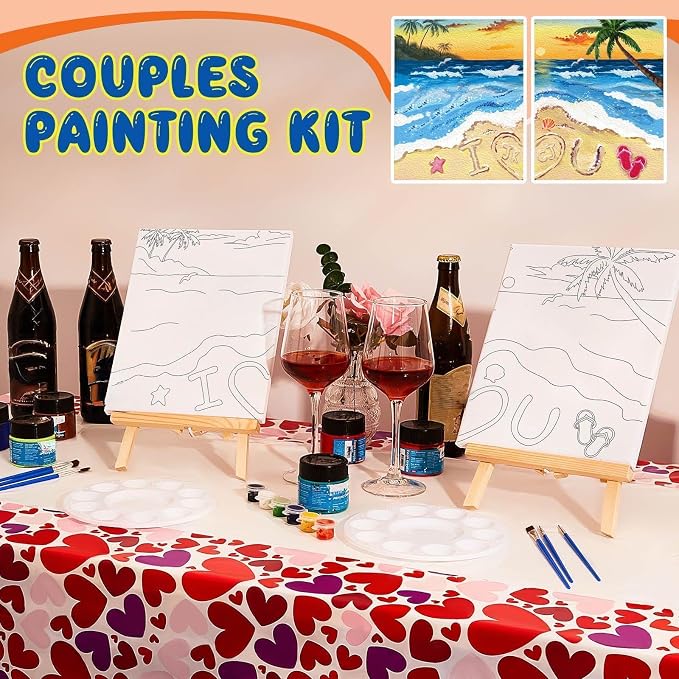 Yeaqee 13 Pcs Sip and Paint Kit for Adults Stretch Canvas Date Night Valentines Painting Kit Supplies Art Painting Set Outline Design Blank Stretch Canvas for Couple Party(Beach,10 x 8 Inch)