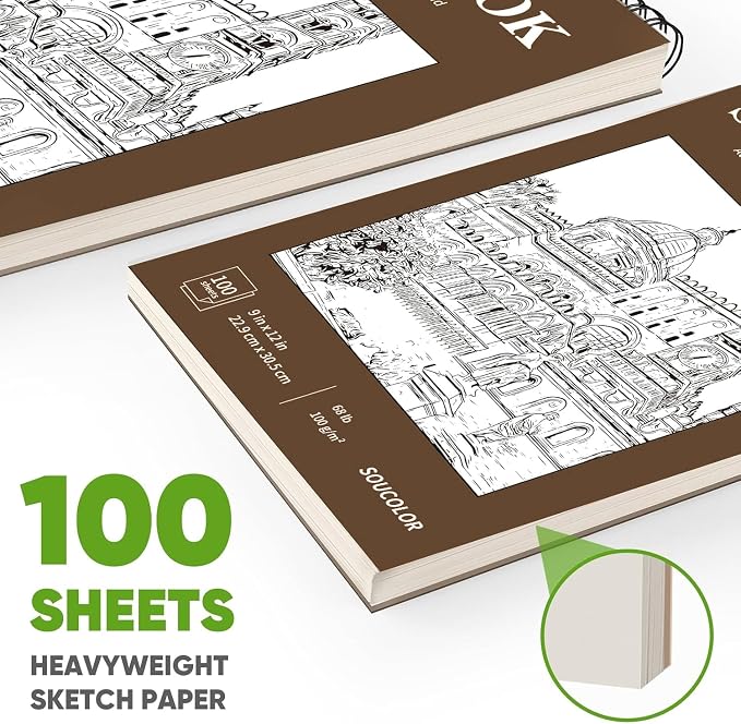 Soucolor Sketch Book 9x12, 100 Sheets Drawing Pad, Art Sketchbook for Kids | 68lb acid-free Paper,no bleed-through, clean erase, top spiral lay-flat, micro-perforated, for kids, adults, all skill levels