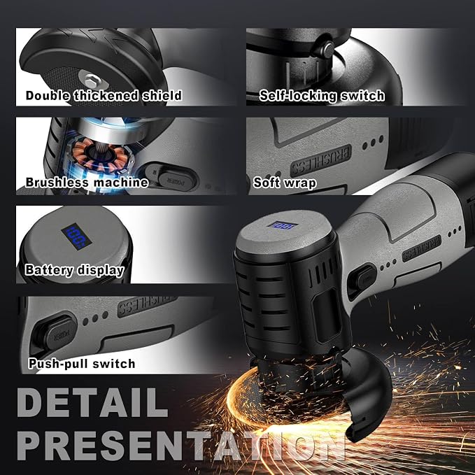 ZFULVO Cordless Angle Grinder Brushless Kit 19500rpm Cutting and Grinding | 3-Inch Mini Electric Angle Grinding Tool, 2x16.8V 2000mAh Battery & 6-Cutting Discs Grinder Handheld Cutter for Metal Wood