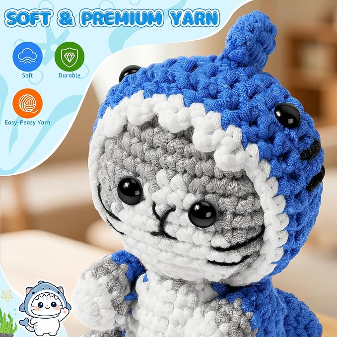 Fortuning's JDS Crochet Kit for Beginners, 2 PCS Shark Cat Crochet Kits