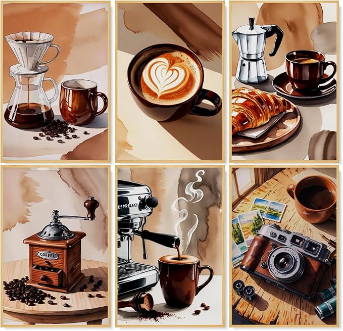 Camocin 6 Pack Paint by Numbers Kit for Adults, Coffee Canvas Painting Set | 8x12 Inch, DIY Acrylic Painting Craft Kit for Beginners without Frame, Relaxing Creative Hobby, Home Wall Decor, Gift