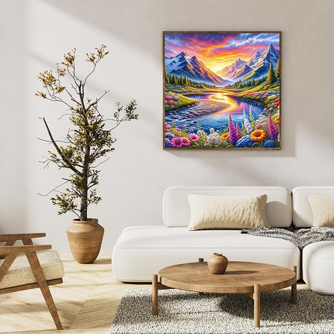 Paint by Numbers Kit for Adults, Mountain River & Wildflower, 16x16 Inch