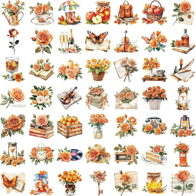 50 Pieces Vintage Orange Rose Floral Transparent Stickers for Scrapbooking, Self-Adhesive Scrapbooking Stickers Supplies Journal Stuffers for Adult Card Making Letters DIY