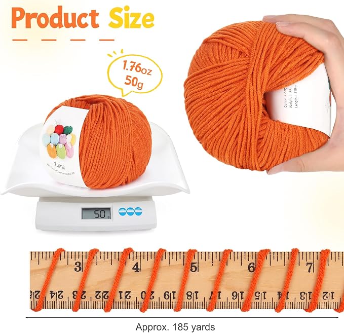 Katech Cotton Acrylic Blend Yarn for Crocheting-Crochet Yarn Set (Orange | 55% Cotton 45% Acrylic#3 DK (Light)-Super Soft Milk Cotton Yarn-Great Crochet and Knitting Starter Kit for Colorful Craft