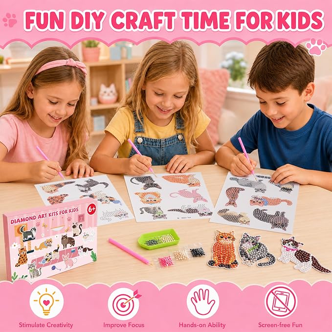 Labeol Diamond Art Kits for Kids Boys and Girls Ages 6-8-10-12 Easy to DIY Creative Diamond Art Sticker Craft by Numbers Kits for Kids and Adult Beginners (Cat)