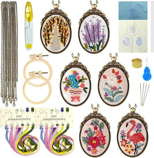 ZOCONE 6 Packs Embroidery Necklace Kit, Embroidery Pendant Kit Mini Cross Stitch Kit with 4 Hoops, Necklace, Pendant, Stamped Pattern Cloth, Instructions, etc., Embroidery Kit for Adults