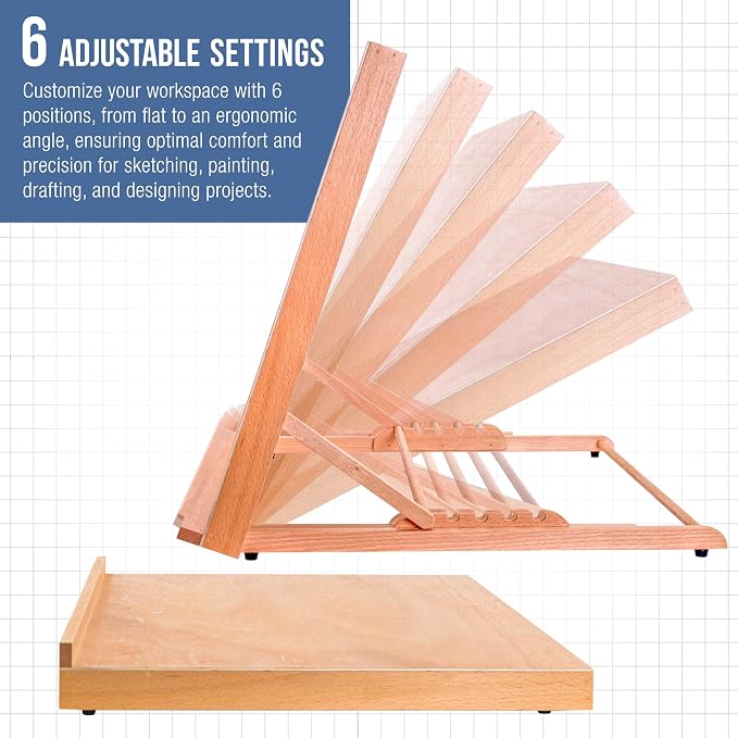 U.S. Art Supply X-Large 25-5/8" x 19" (A2) Wooden Drawing Board, Adjustable | Table Top Easel for Painting and Drawing - Drafting Board with 6 Angles, Pencil Ledge, Locking Storage Drawer