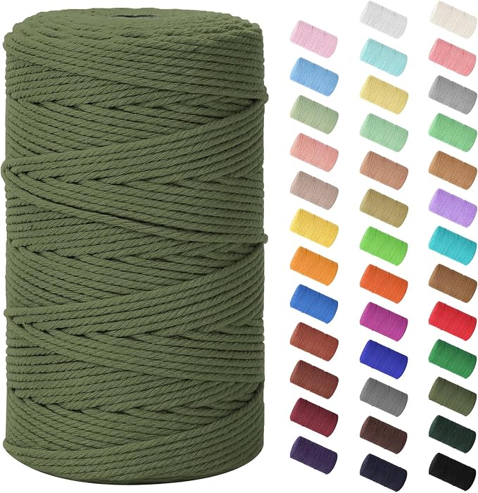 HOMEBOBO Macrame Cord 3mm x 220Yards (656Feet)Natural Cotton Macrame Rope - 4 Strands Twisted Macrame Cotton Cord for Wall HangingPlant HangersCraftsGift Wrapping and Wedding DecorationsArmy Green