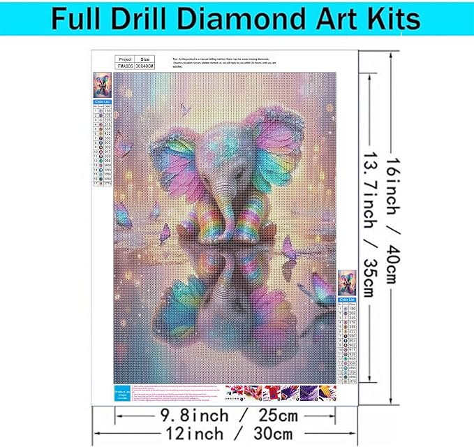 Rainbow Elephant 5D Diamond Painting Kits for Adults, Butterfly Art 12x16"