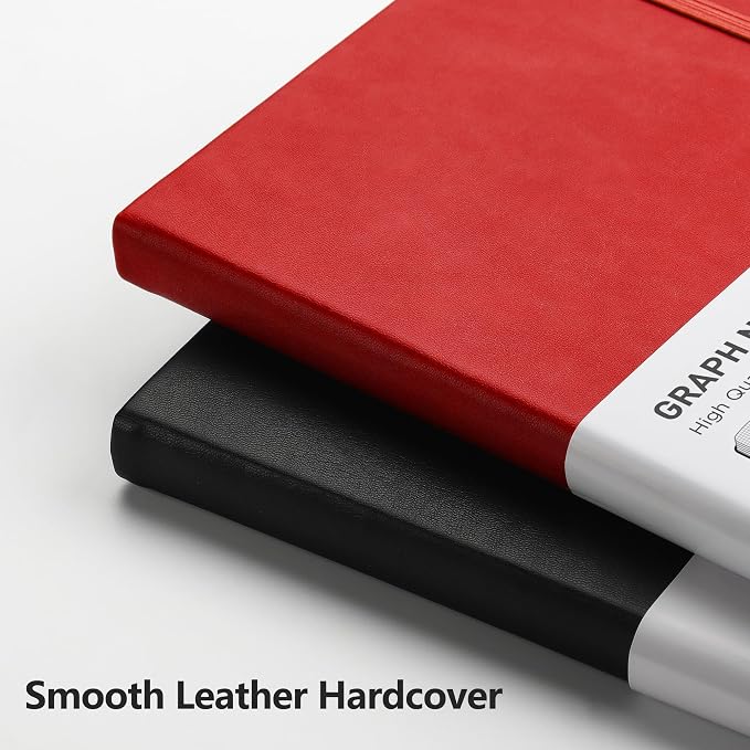 RETTACY Graph Grid Paper Notebook, 192 Pages, A5 Size (5.7'' x 8.3'') | 5 Squares per Inch, Leather Hardcover, 100 GSM Thick Paper, for School, Students, Math, Engineering (Red)