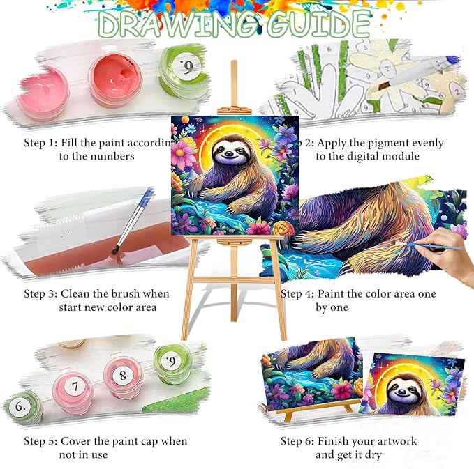 3 Pack Sloth Paint by Numbers Kit for Adults Framed Canvas, Frameworkless | Easy Adult Paint by Number Kits on Canvas DIY 3 Pack Sloth Painting for Beginners Art by Numbers for Home Wall Decor Gift