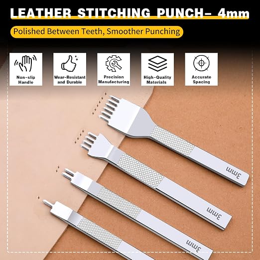 Leather Stitching Punch Hole Punch Tool Set, 3mm 1/2/4/6 Prong Punch Chisel