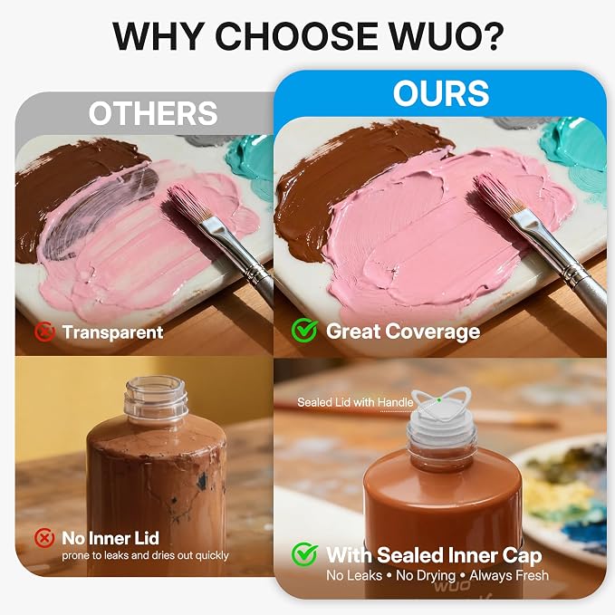 WUO 12 Colors Acrylic Paint Set, 250ml/8.45oz Bottles Artists Acrylic Paint | Large Bulk Rich Pigment Non-Toxic Waterproof Multi-Surface Painting Supplies for Beginners on Canvas Wood Rock Ceramic Crafts