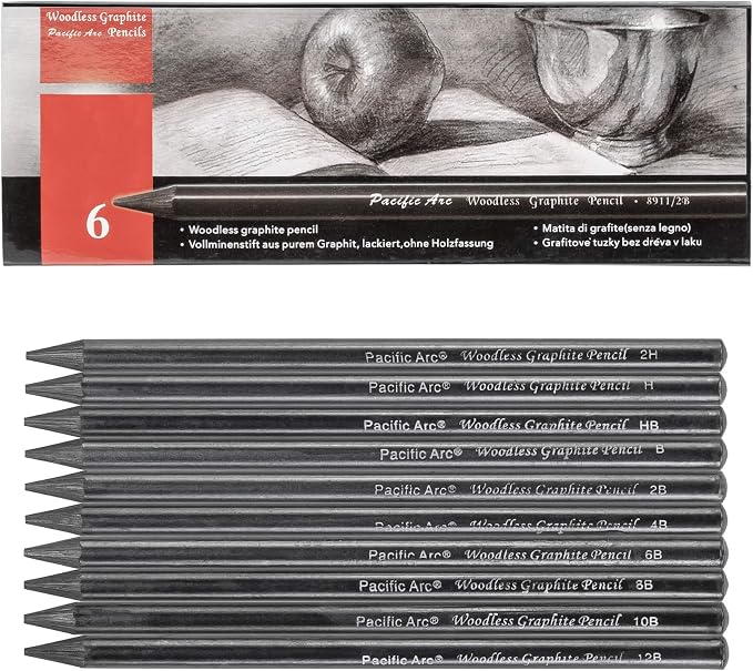Pacific Arc Woodless Graphite Pencil 6 Pack Set, 10B, for Sketching, Drawing, Coloring and Art