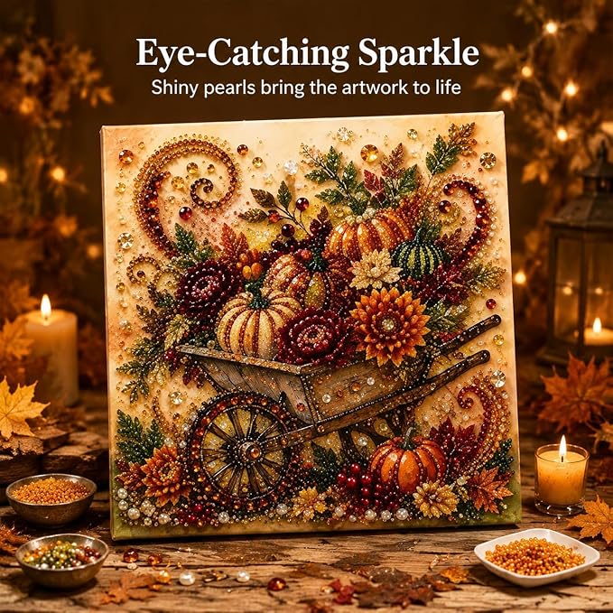 Autumn Pearl Painting Kit, 3D Pearl Diamond Painting Kit, DIY Pearl Art Craft for Adults, Thanksgiving Harvest Home Wall Decor, Handmade Seasonal Gift，Fall Floral Watering Can 1