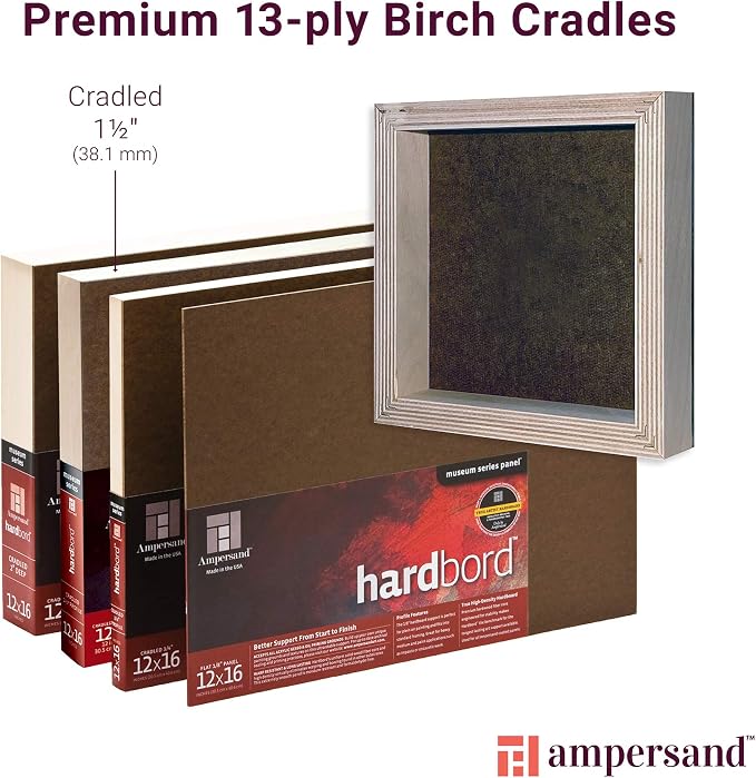 Ampersand Art Supply Hardboard Wood Painting Panel: Museum Series Hardbord, 8" x 8", 1-1/2 Inch Cradled Profile