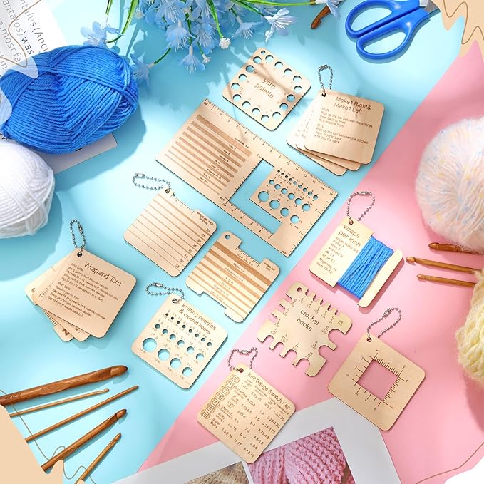 Eersida 15Pcs Wooden Knitting Gauge Set Yarn Tool with Ruler & Chain, Basic
