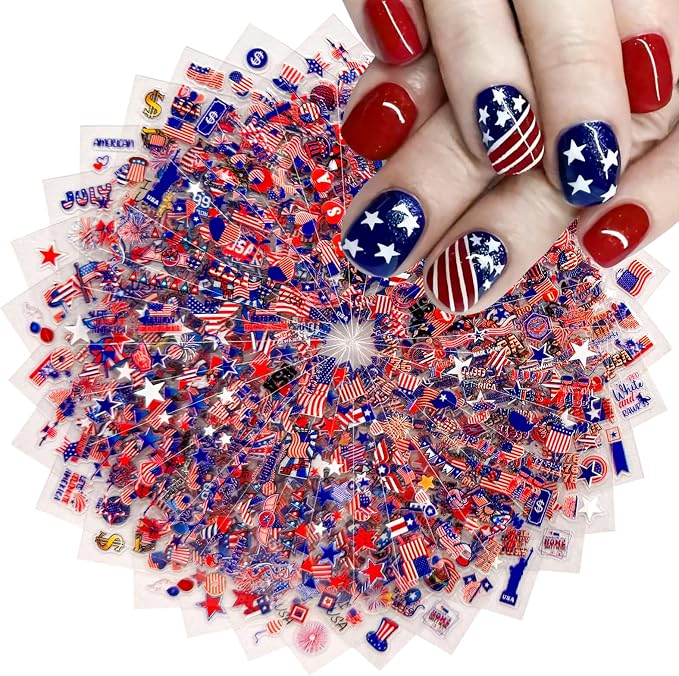 30 Sheets 4th of July Nail Stickers for Nail Art Independence Day Nails Art Stickers 3D Self Adhesive American Flag Stars Letters Fireworks Nails Decals Fourth of July Design Sticker for Women